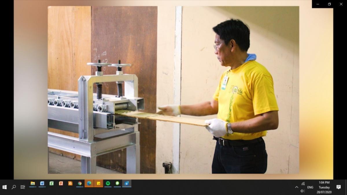 Figure 2. Utilization of FPRDI Bamboo Flattening Machine for the production of flattened bamboo for use in the production of engineered bamboo boards.